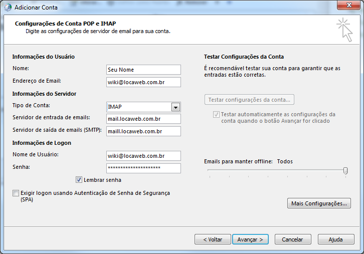 Configuração de Outlook - Revenda cPanel - Ajuda Locaweb