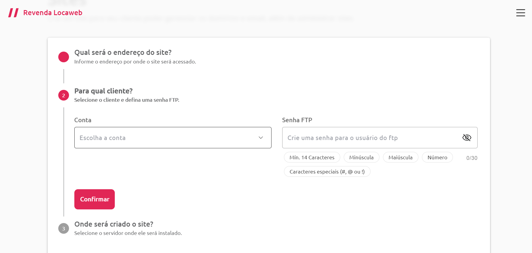 [Alt text: imagem da segunda etapa de adição de sites com dois campos disponibilizados: um para inserir o nome da conta e o outro para informar a senha FTP.]