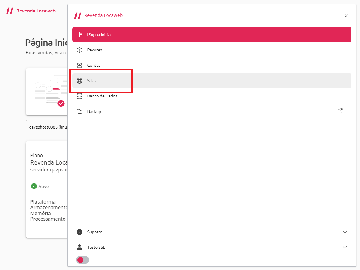  [Alt text: imagem do menu completo da página inicial da Revenda Locaweb mostrando a aba “Sites” em destaque com um retângulo de bordas vermelhas e sem preenchimento.]