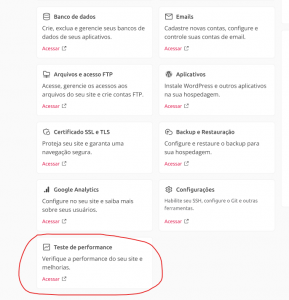 imagem do painel mostrando as ferramentas disponíveis e destacando com um círculo vermelho o Teste de Performance que está no final da página.