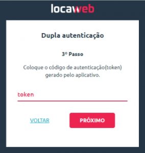 Imagem da terceira etapa do processo de configuração exibindo um campo para inserir o token informado pelo Google Authenticator.