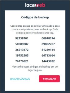 Imagem exibindo uma lista de dez códigos de backup com as orientações de como usá-los e guardá-los.