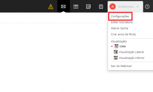 imagem do pequeno menu que aparece ao clicar no endereço de email. A primeira aba do menu se chama “Configurações” e está destacada.