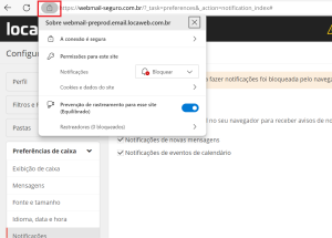 imagem do Webmail destacando o ícone de informações do site. O ícone está posicionado na área superior da tela, ao lado esquerdo da barra que contém o link do site. A ação associada ao ícone é “exibir informações do site”.