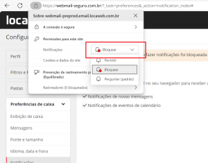 imagem das principais informações do site. Na segunda opção está a configuração de permitir e bloquear as notificações. Ao clicar no campo ao lado do tópico de Notificações, as ações de “bloquear”, “permitir” e “perguntar” (padrão)” são exibidas para escolher.