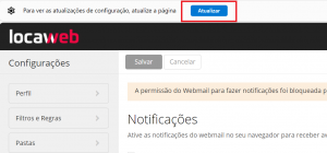 imagem do navegador aberto na página do Webmail. Há um aviso na área superior dizendo que é necessário atualizar a página para as novas configurações serem aplicadas. Logo ao lado do texto, tem um botão escrito “atualizar”.