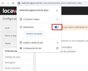 imagem das principais informações do site. Na segunda opção está a configuração de ativar e desativar as notificações.