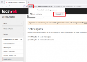 imagem do Webmail destacando o ícone de permissões do site. O ícone está posicionado na área superior da tela, ao lado esquerdo da barra que contém o link do site.