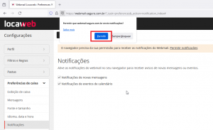 imagem do navegador aberto na página do Webmail. Há um aviso na área superior perguntando se deseja permitir o envio de notificações. Logo ao lado do texto, tem um botão escrito “permitir”.