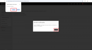 imagem da notificação do Webmail informando que será necessária a permissão do navegador para continuar com a ativação das notificações. Logo acima está uma notificação do navegador pedindo a sua permissão, com botões para “Permitir” ou “Bloquear”.