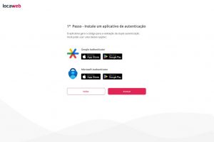 Alt text: imagem explicando a primeira etapa do processo e pedindo para instalar o Google Authenticator ou o Microsoft Authenticator para continuar. Após a explicação, estão os dois botões para voltar e avançar.