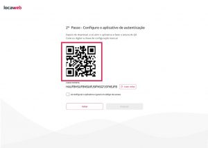 Alt text: imagem da segunda etapa do processo explicando como configurar o aplicativo de autenticação. Logo abaixo da explicação, está o QR Code destacado por um retângulo de bordas vermelhas.