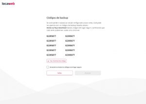Alt text: imagem da tela exibindo algumas breves explicações e oferecendo os códigos de backup. Logo abaixo dessas informações, está um botão para fazer o download dos códigos.