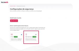 Alt text: imagem da área das configurações de segurança exibindo a área de redefinição de senha, que está na parte de cima, e a área de ativar a autenticação de dois fatores, que está na parte de baixo. Na área dedicada à autenticação de dois fatores, há o método de autenticação por e-mail e logo em seguida está o token aplicativo. O método do token aplicativo está destacado por um retângulo de bordas vermelhas na imagem.