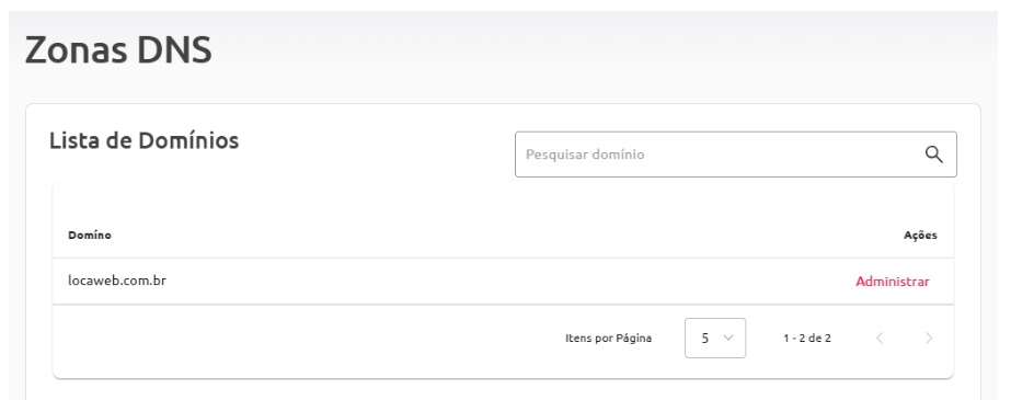 Imagem que apresenta a página de Zonas DNS contendo a lista de domínios registrados.