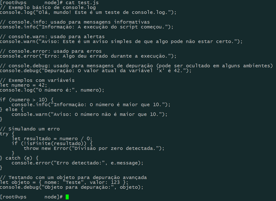 exemplo de código console.log
