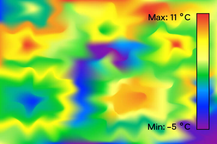 A imagem mostra um gráfico do tipo mapa de calor que identifica maior concentração de pessoas nas partes onde as temperaturas estão mais altas.