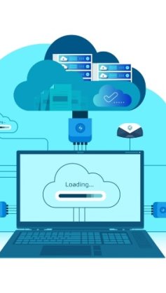 A ilustração representa o conceito de computação em nuvem, mostrando um laptop conectado a servidores e serviços baseados em nuvem. O design inclui ícones de carregamento, autenticação de usuário, transferência de arquivos e comunicação entre dispositivos, simbolizando a integração de sistemas e armazenamento de dados, o que também pode ocorrer na Hospedagem Dedicada.