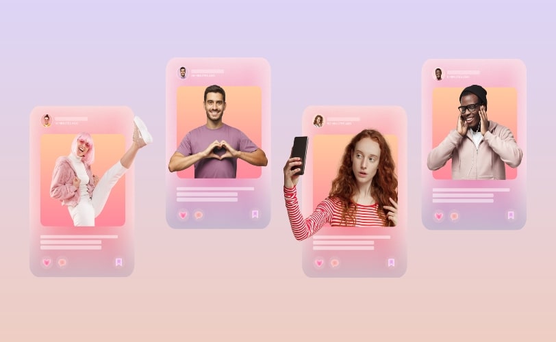 A imagem mostra 5 feeds de redes sociais fictícias com uma personalidade em cada uma delas. Denotando a ideia de Marketing de Influência.