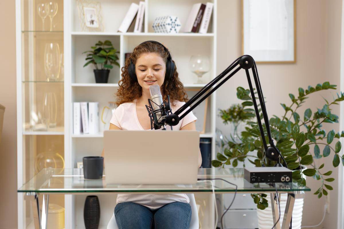 Mulher branca com cabelos ruivos e cacheados está na frente de um notebook. Há um microfone profissional entre ela e o equipamento. Ela usa fones de ouvido. Está em um ambiente claro. 