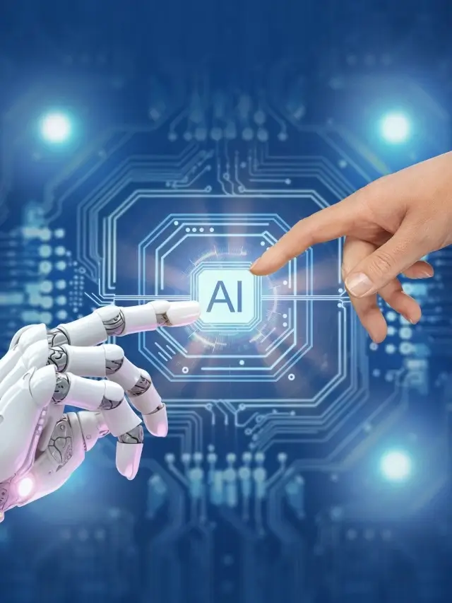 A imagem apresenta duas mãos se tocando com os dedos indicadores, sendo uma mão humana e outra robótica. No fundo, uma simulação de chip com a sigla “AI”. O tema do webstory são as inteligências artificiais Gemini e ChatGPT.