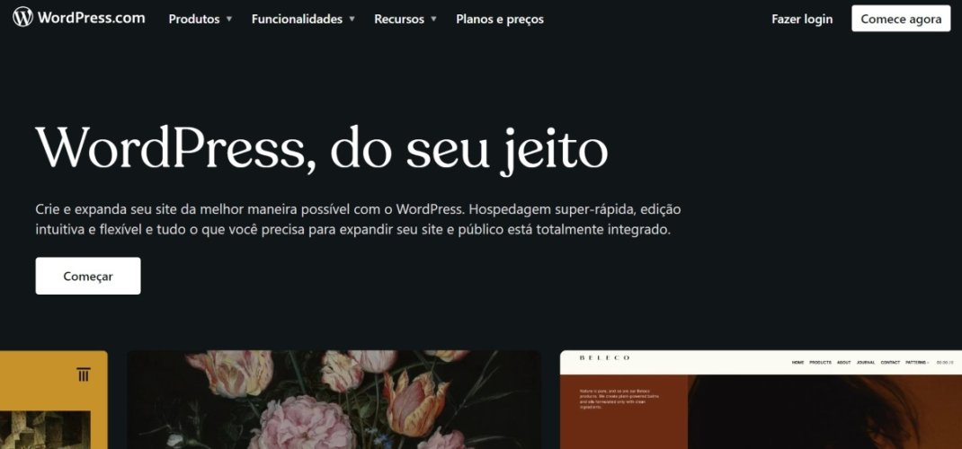 A imagem mostra a tela inicial do site do WordPress. Há algumas descrições chamando o leitor para usar a plataforma e um botão para clicar e fazer o cadastro.