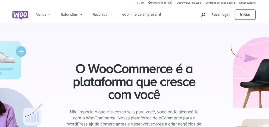 A imagem mostra a tela inicial do WooCommerce, com algumas descrições e imagens representando produtos para vender em uma loja virtual.