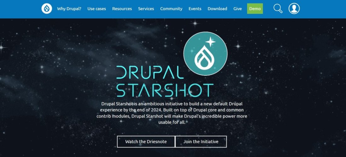 A imagem mostra a tela inicial do Drupal, com um fundo todo em preto e uma chamada para conhecer o Drupal Starshot, uma nova versão do Drupal.