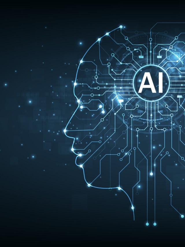 A imagem apresenta uma ilustração de uma cabeça semelhante à humana, composta de ramificações digitais que redirecionam ao seu centro, onde há uma sigla: “AI”. O fundo da ilustração é escuro. O tema do webstory é o que é Inteligência Artificial.