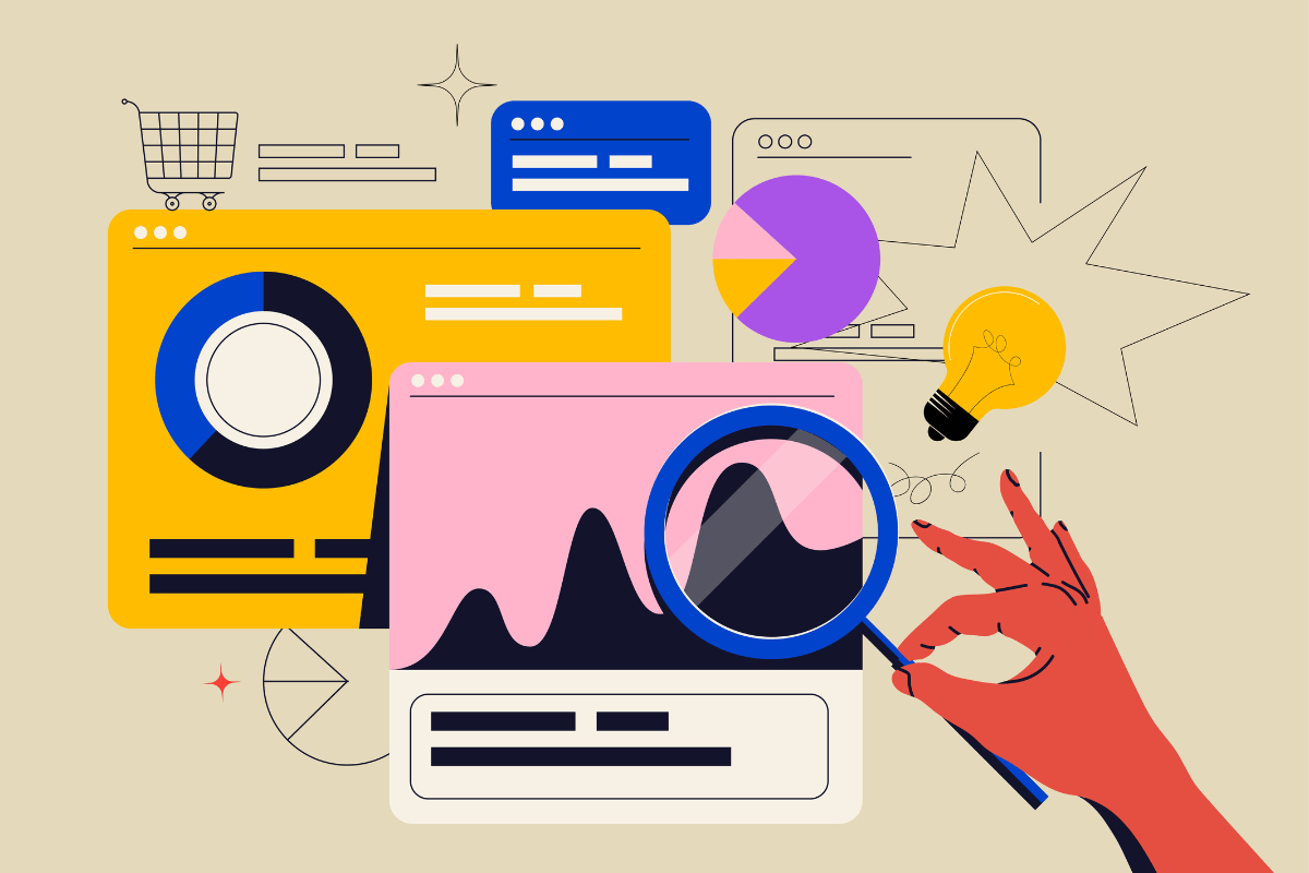 Ilustração vetorial colorida de um painel de controle de análise de dados com gráficos e ícones representando métricas.