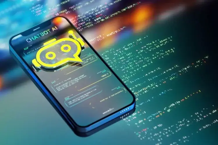 A imagem mostra um smartphone rodando um chatbot, um dos tipos de Inteligência Artificial. Há algumas outras inscrições em volta do aparelho, e um balão amarelo que simula um rosto de robô em destaque na montagem.