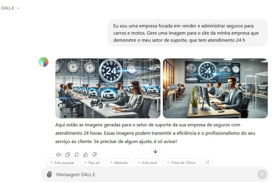 A imagem mostra uma solicitação em formato de texto para o Dall-E criar uma imagem que representasse o setor de suporte 24 horas de uma empresa de seguros para carros e motos. As imagens geradas mostram um escritório moderno com equipe usando fones de ouvido, relógios indicando atendimento contínuo e ícones de veículos, transmitindo um ambiente profissional e acolhedor, com foco na eficiência.
