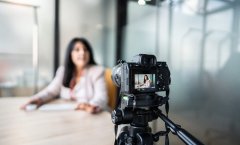 A imagem mostra uma mulher gravando um vídeo com uma câmera. Ela aparece desfocada, já que a foto está mais concentrada na câmera. Ela parece estar gravando um VSL.