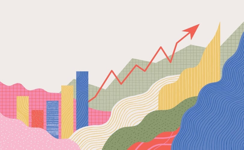 Um gráfico multicolorido, mesclando diferentes texturas, como quadrilhado, pontilhado e em listras, incluindo uma seta que sobe, representa o conceito de tendências do marketing digital para 2025. 