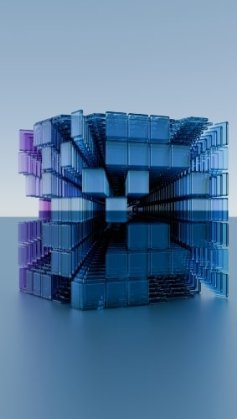 Uma ilustração apresenta um cubo sobre um fundo azul-claro, feito por outros cubos em tamanhos variados, nas cores lilás, branco, rosa e azul, representando a ideia por trás do conceito de Modular Monolith Architecture.